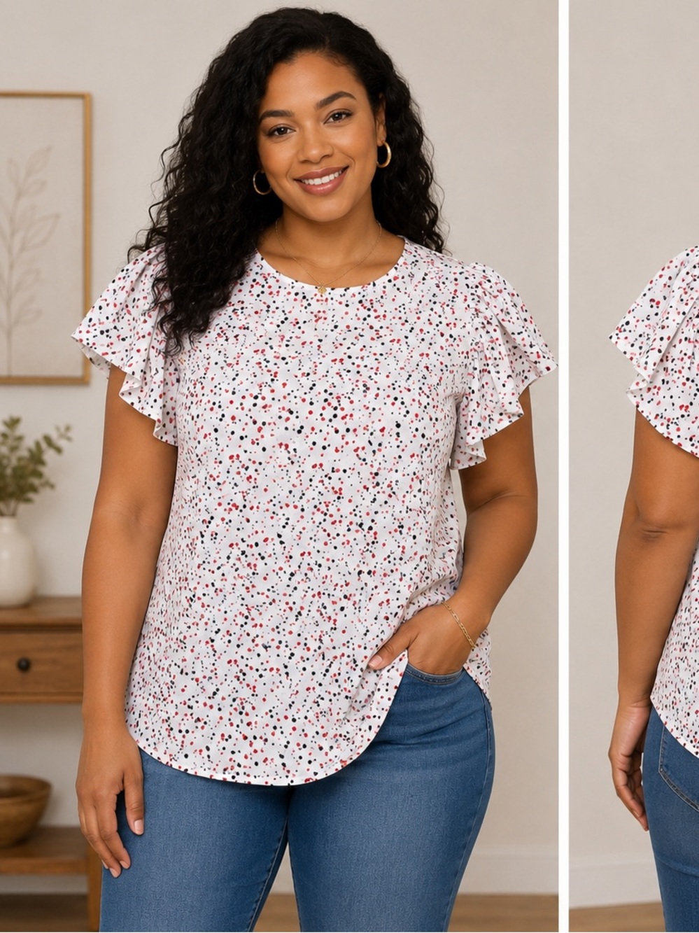 Rouge Helium White Dot-Print Puff Sleeve Blouse